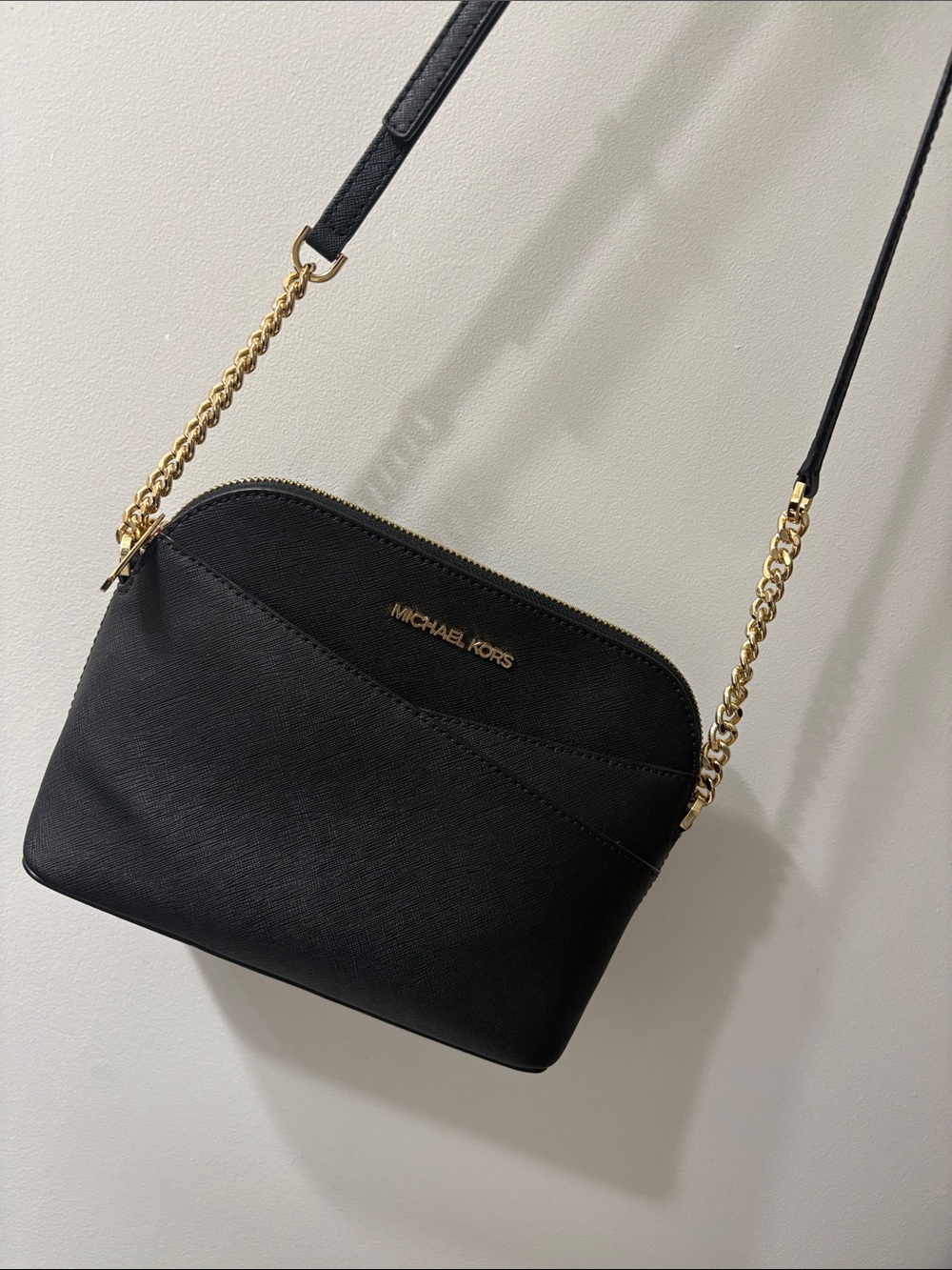 Michael Kors Black Saffiano Dome Crossbody with Gold Chain